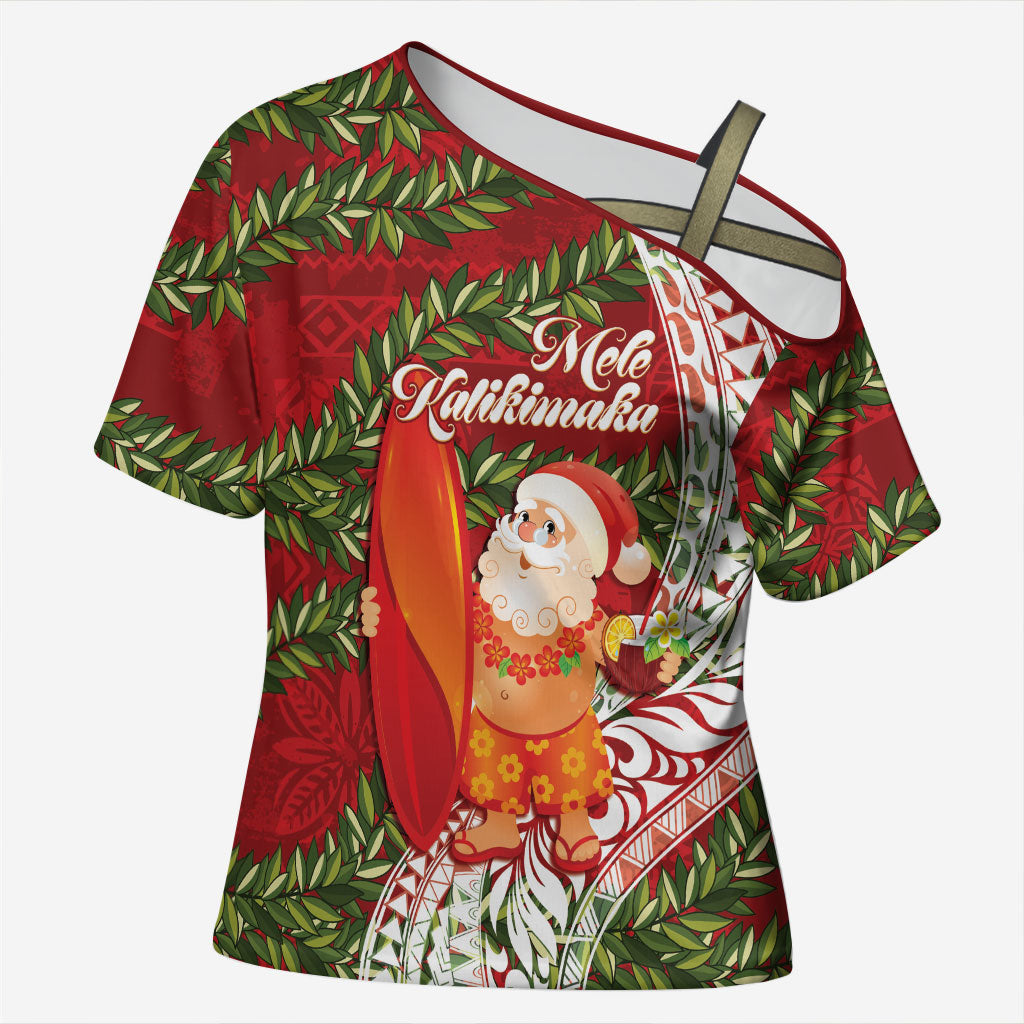 Mele Kalikimaka Hawaii Christmas Maile Lei Cross Shoulder Shirt Tropical Santa LT7 Female Red - Polynesian Pride