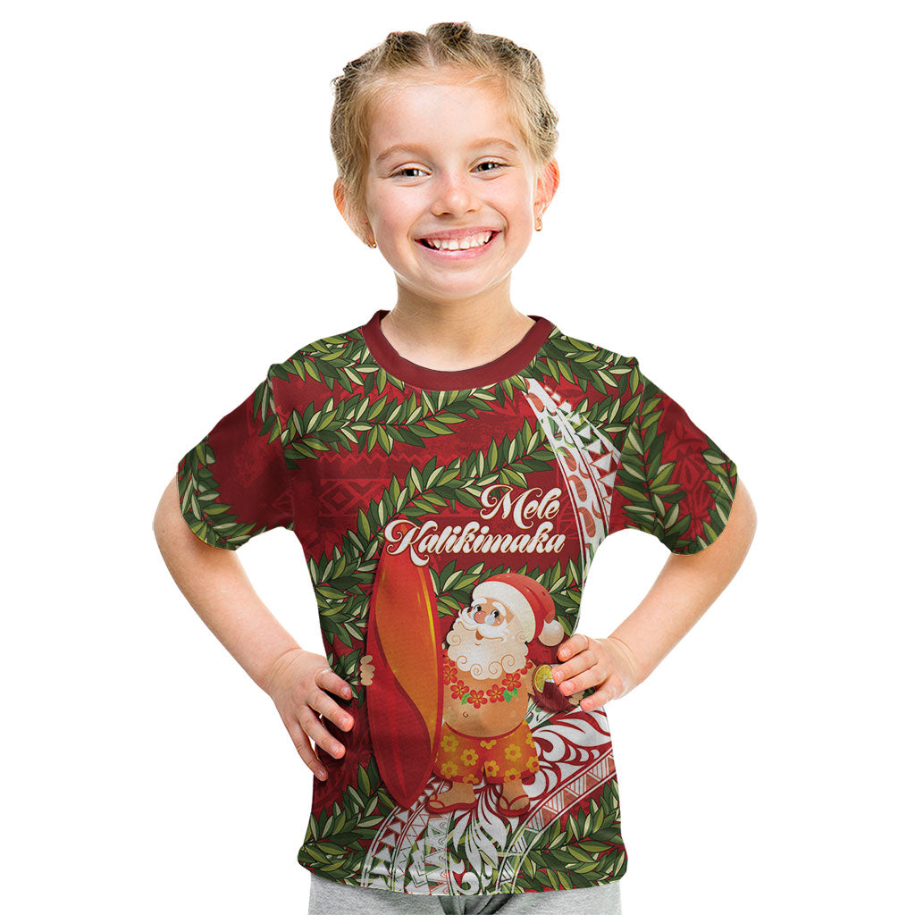 Mele Kalikimaka Hawaii Christmas Maile Lei Kid T Shirt Tropical Santa LT7 Red - Polynesian Pride