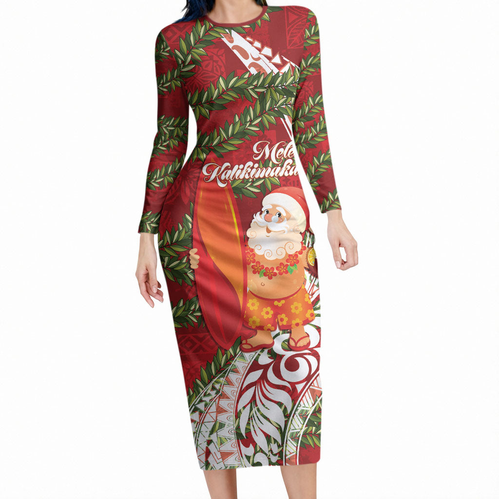 Mele Kalikimaka Hawaii Christmas Maile Lei Long Sleeve Bodycon Dress Tropical Santa LT7 Long Dress Red - Polynesian Pride
