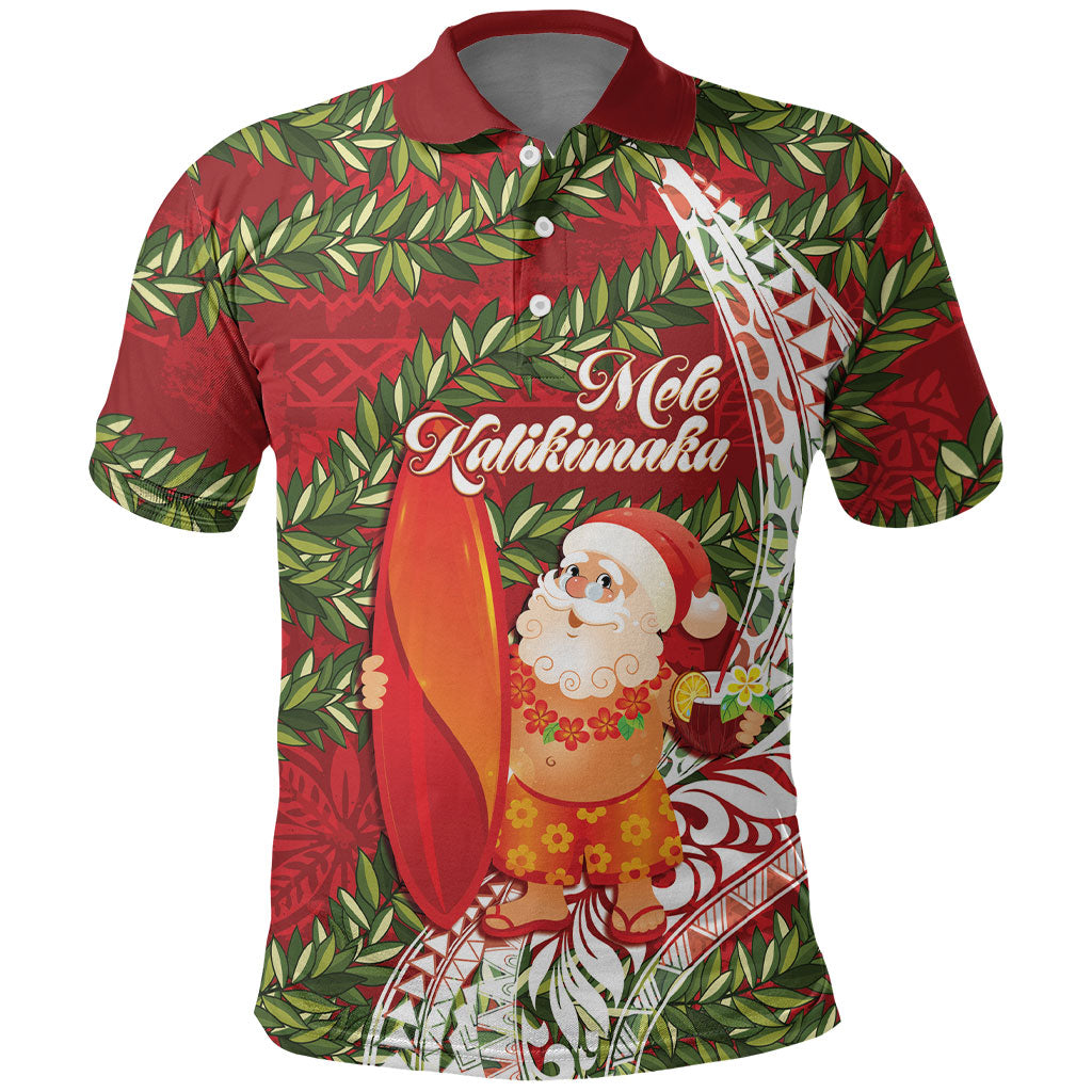 Mele Kalikimaka Hawaii Christmas Maile Lei Polo Shirt Tropical Santa LT7 Red - Polynesian Pride