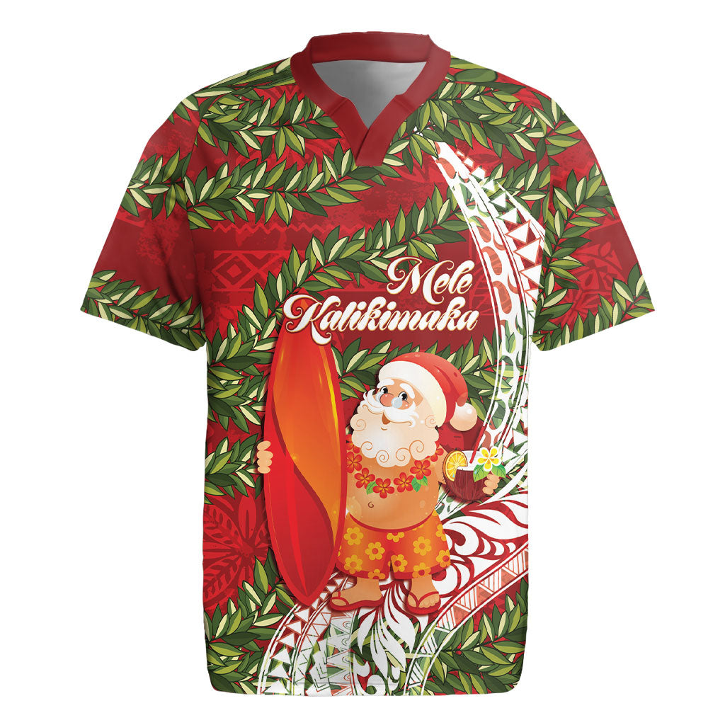 Mele Kalikimaka Hawaii Christmas Maile Lei Rugby Jersey Tropical Santa LT7 Red - Polynesian Pride