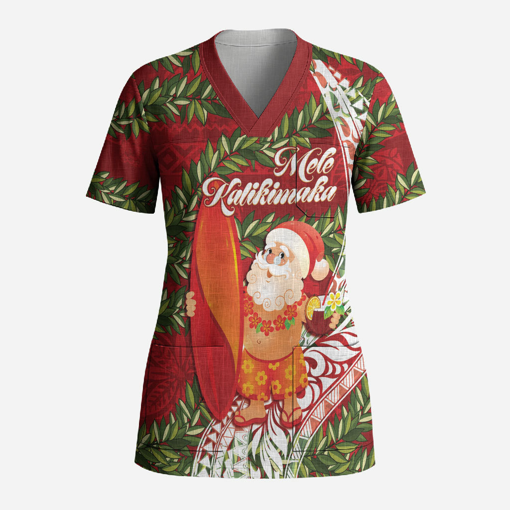 Mele Kalikimaka Hawaii Christmas Maile Lei Scrub Top Tropical Santa LT7 Adult Red - Polynesian Pride