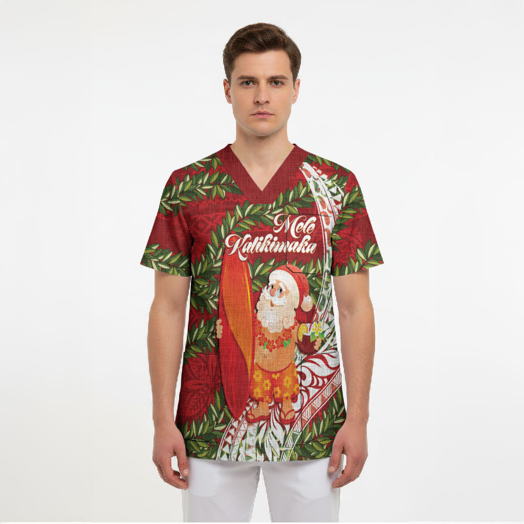 Mele Kalikimaka Hawaii Christmas Maile Lei Scrub Top Tropical Santa LT7 - Polynesian Pride