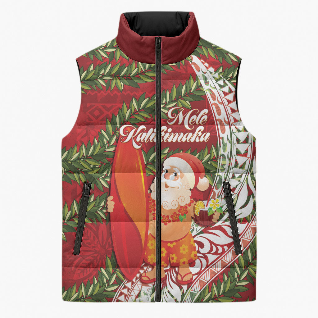 Mele Kalikimaka Hawaii Christmas Maile Lei Sleeveless Puffer Jacket Tropical Santa LT7 Unisex Red - Polynesian Pride