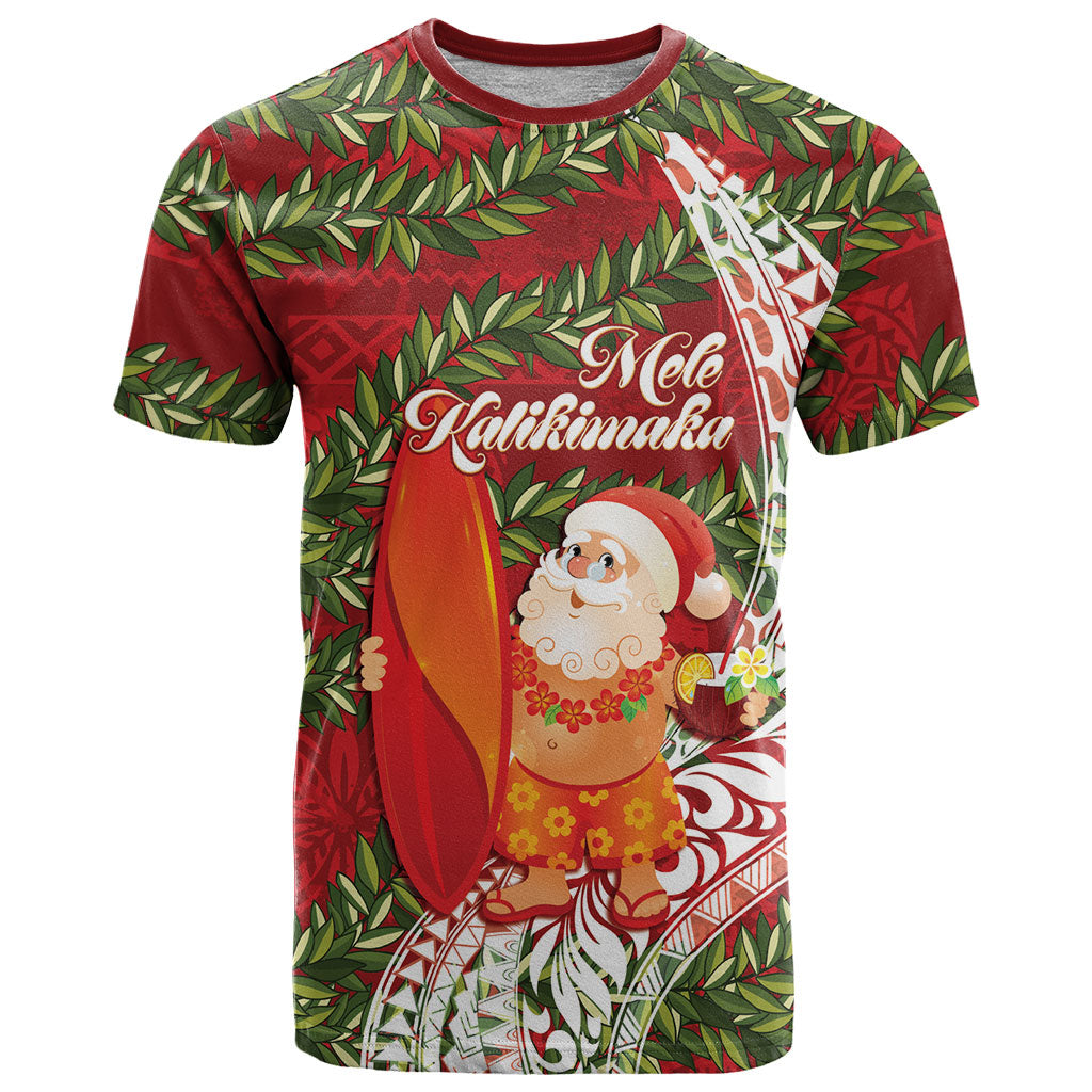 Mele Kalikimaka Hawaii Christmas Maile Lei T Shirt Tropical Santa LT7 Red - Polynesian Pride