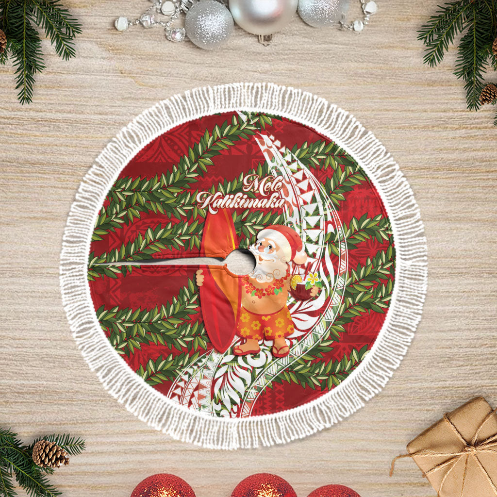 Mele Kalikimaka Hawaii Christmas Maile Lei Tree Skirt Tropical Santa LT7 Fringed Red - Polynesian Pride