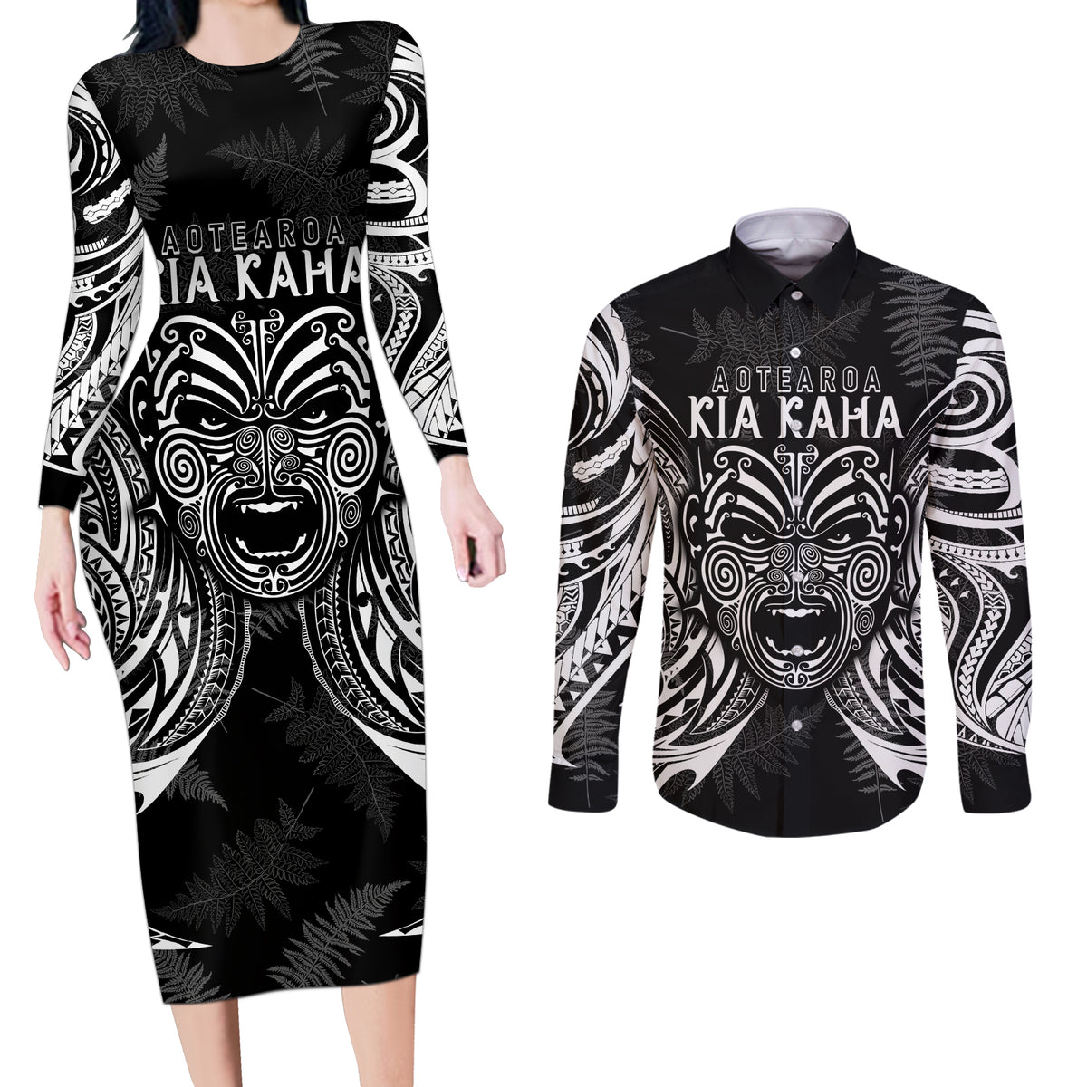 New Zealand Rugby Couples Matching Long Sleeve Bodycon Dress and Long Sleeve Button Shirt 2023 World Cup Aotearoa Haka Face LT7 Black - Polynesian Pride