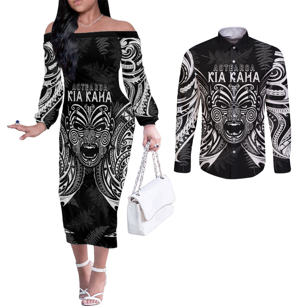 New Zealand Rugby Couples Matching Off The Shoulder Long Sleeve Dress and Long Sleeve Button Shirt 2023 World Cup Aotearoa Haka Face LT7 Black - Polynesian Pride