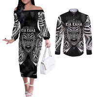 New Zealand Rugby Couples Matching Off The Shoulder Long Sleeve Dress and Long Sleeve Button Shirt 2023 World Cup Aotearoa Haka Face LT7 Black - Polynesian Pride