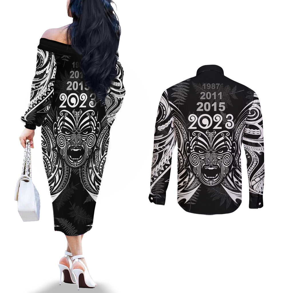 New Zealand Rugby Couples Matching Off The Shoulder Long Sleeve Dress and Long Sleeve Button Shirt 2023 World Cup Aotearoa Haka Face LT7 - Polynesian Pride