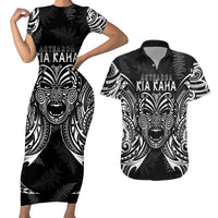 New Zealand Rugby Couples Matching Short Sleeve Bodycon Dress and Hawaiian Shirt 2023 World Cup Aotearoa Haka Face LT7 Black - Polynesian Pride