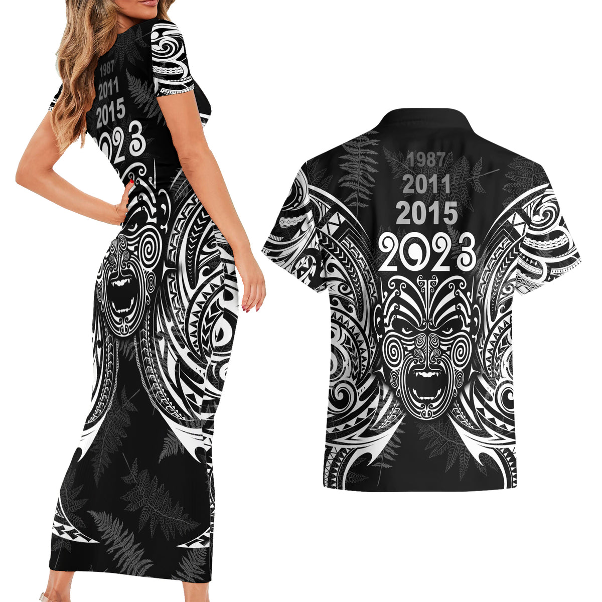 New Zealand Rugby Couples Matching Short Sleeve Bodycon Dress and Hawaiian Shirt 2023 World Cup Aotearoa Haka Face LT7 - Polynesian Pride