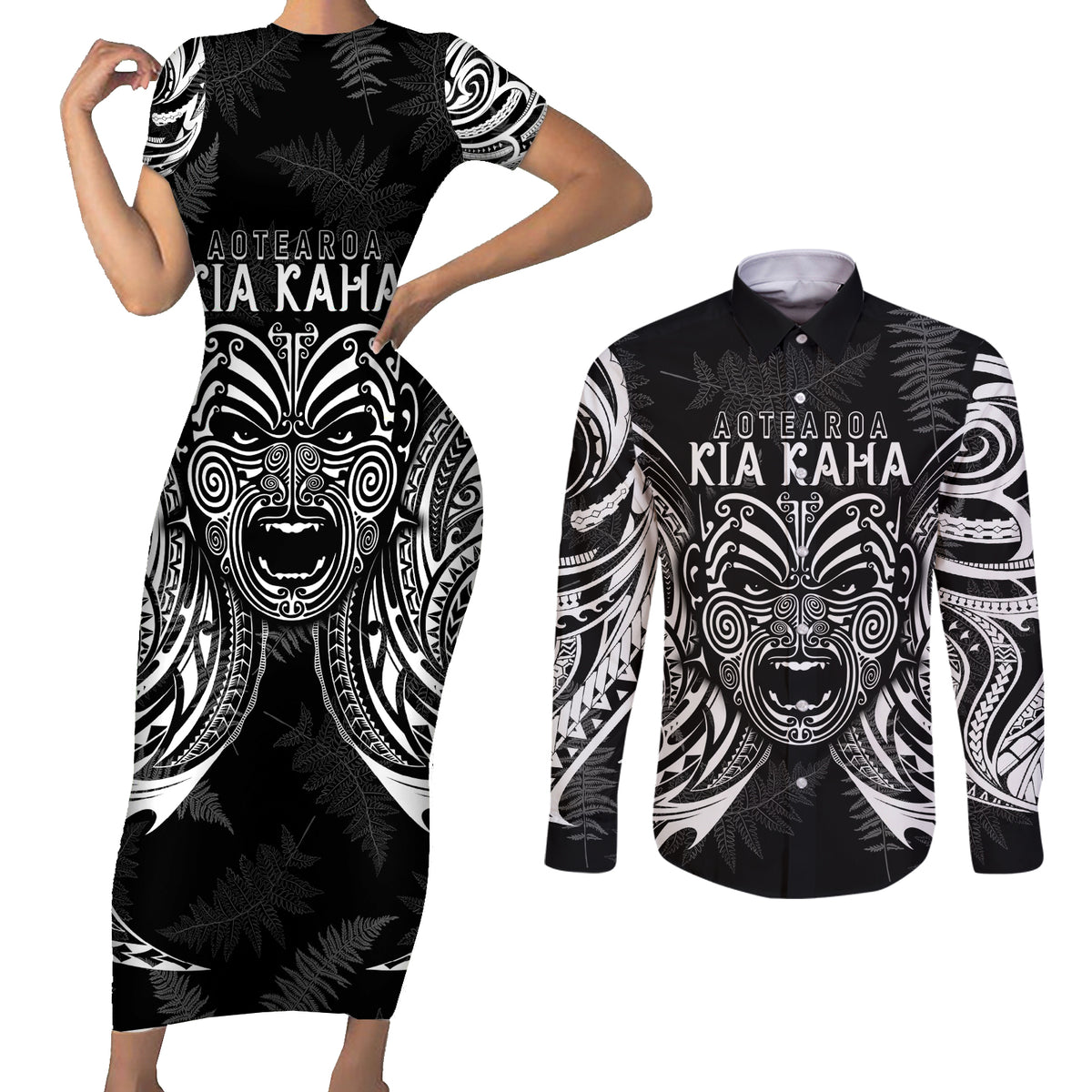 New Zealand Rugby Couples Matching Short Sleeve Bodycon Dress and Long Sleeve Button Shirt 2023 World Cup Aotearoa Haka Face LT7 Black - Polynesian Pride