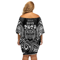 Custom New Zealand Rugby Family Matching Off Shoulder Short Dress and Hawaiian Shirt 2023 World Cup Aotearoa Haka Face LT7 - Polynesian Pride