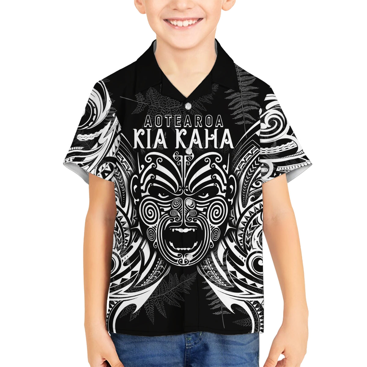 New Zealand Rugby Family Matching Puletasi Dress and Hawaiian Shirt 2023 World Cup Aotearoa Haka Face LT7 Son's Shirt Black - Polynesian Pride