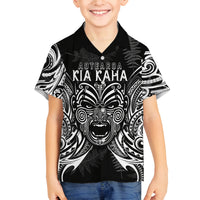 New Zealand Rugby Family Matching Puletasi Dress and Hawaiian Shirt 2023 World Cup Aotearoa Haka Face LT7 Son's Shirt Black - Polynesian Pride