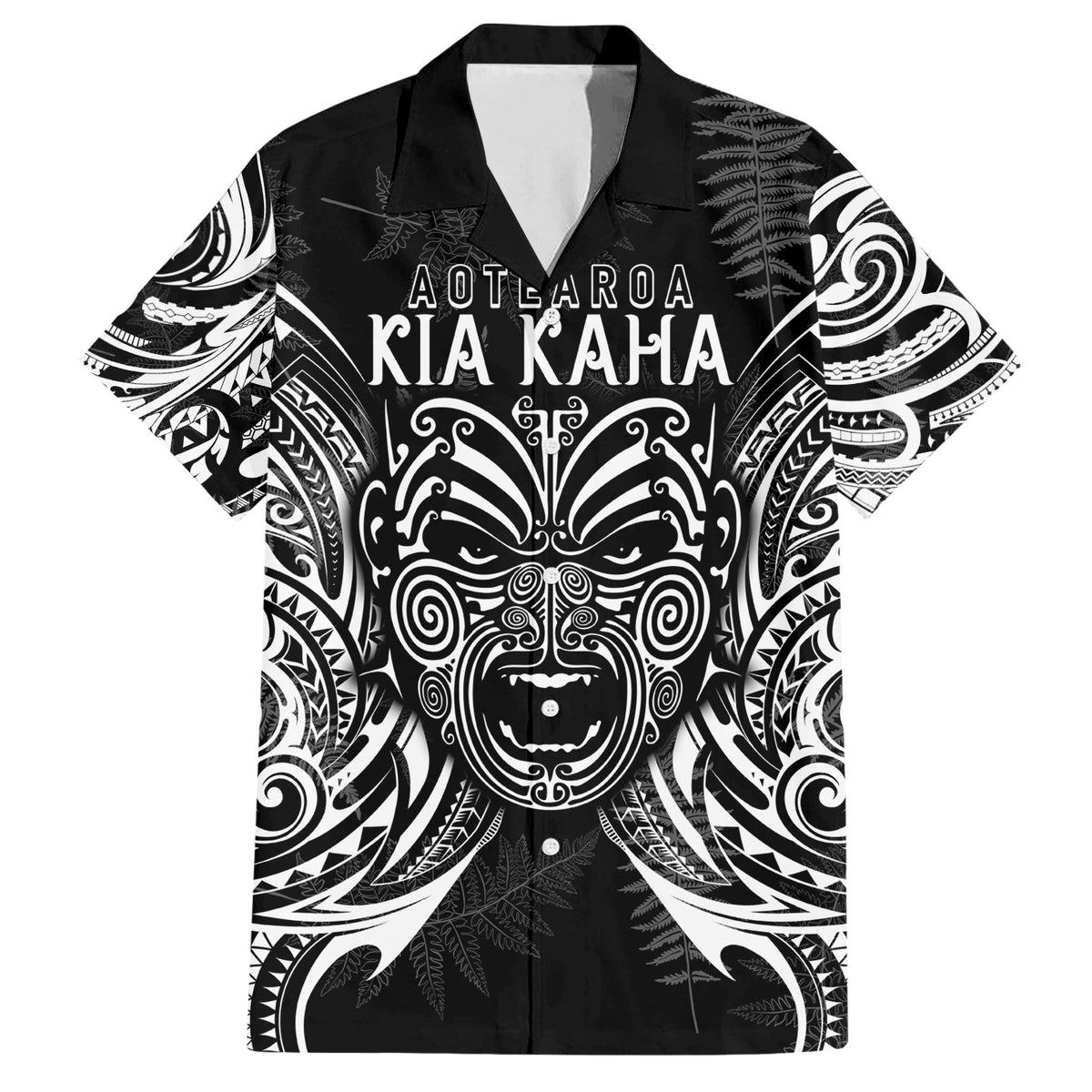 Custom New Zealand Rugby Family Matching Short Sleeve Bodycon Dress and Hawaiian Shirt 2023 World Cup Aotearoa Haka Face LT7 Dad's Shirt - Short Sleeve Black - Polynesian Pride