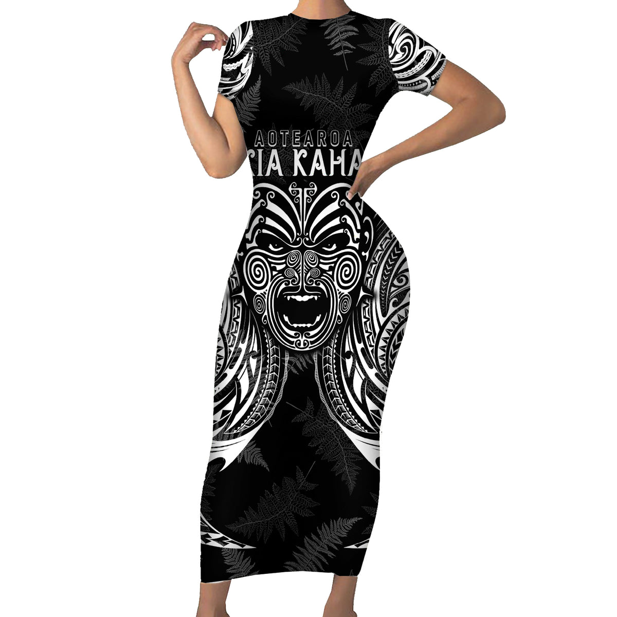 Custom New Zealand Rugby Family Matching Short Sleeve Bodycon Dress and Hawaiian Shirt 2023 World Cup Aotearoa Haka Face LT7 Mom's Dress Black - Polynesian Pride