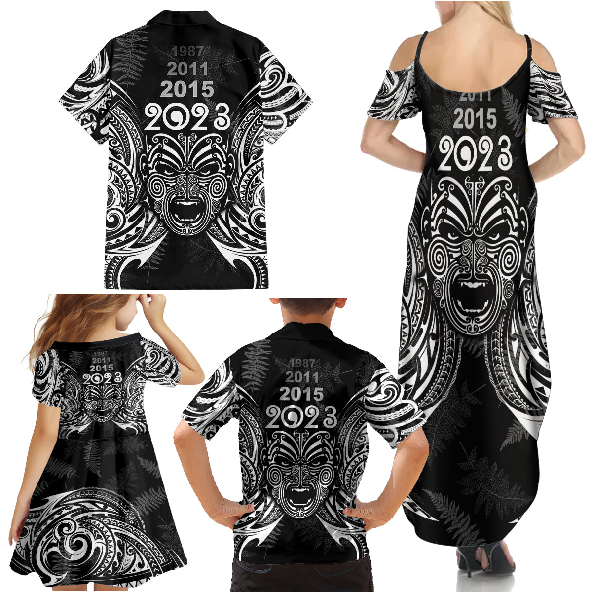 Custom New Zealand Rugby Family Matching Summer Maxi Dress and Hawaiian Shirt 2023 World Cup Aotearoa Haka Face LT7 - Polynesian Pride