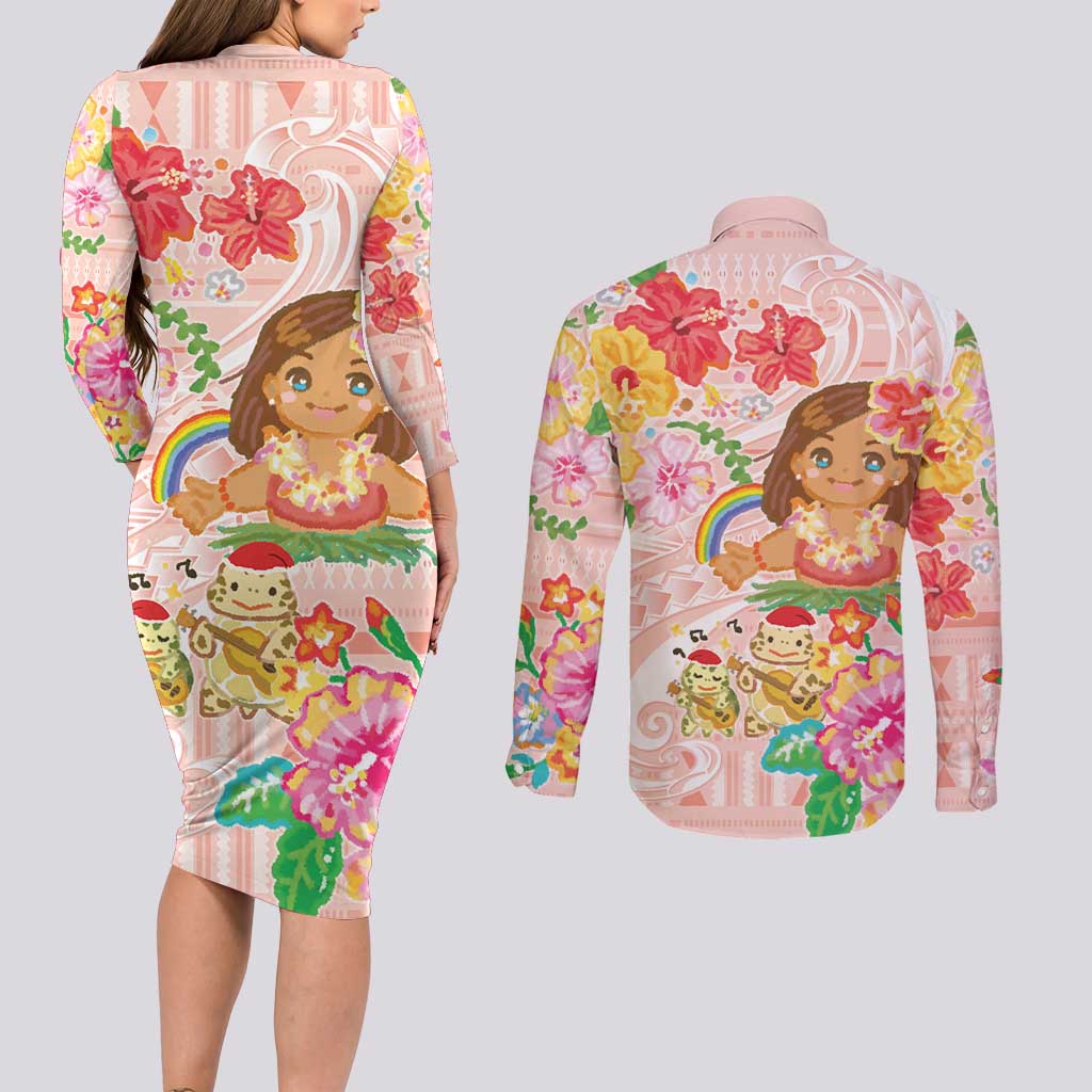 Aloha Hawaii Couples Matching Long Sleeve Bodycon Dress and Long Sleeve Button Shirt Kawaii Mele Kalikimaka - Pastel Fever