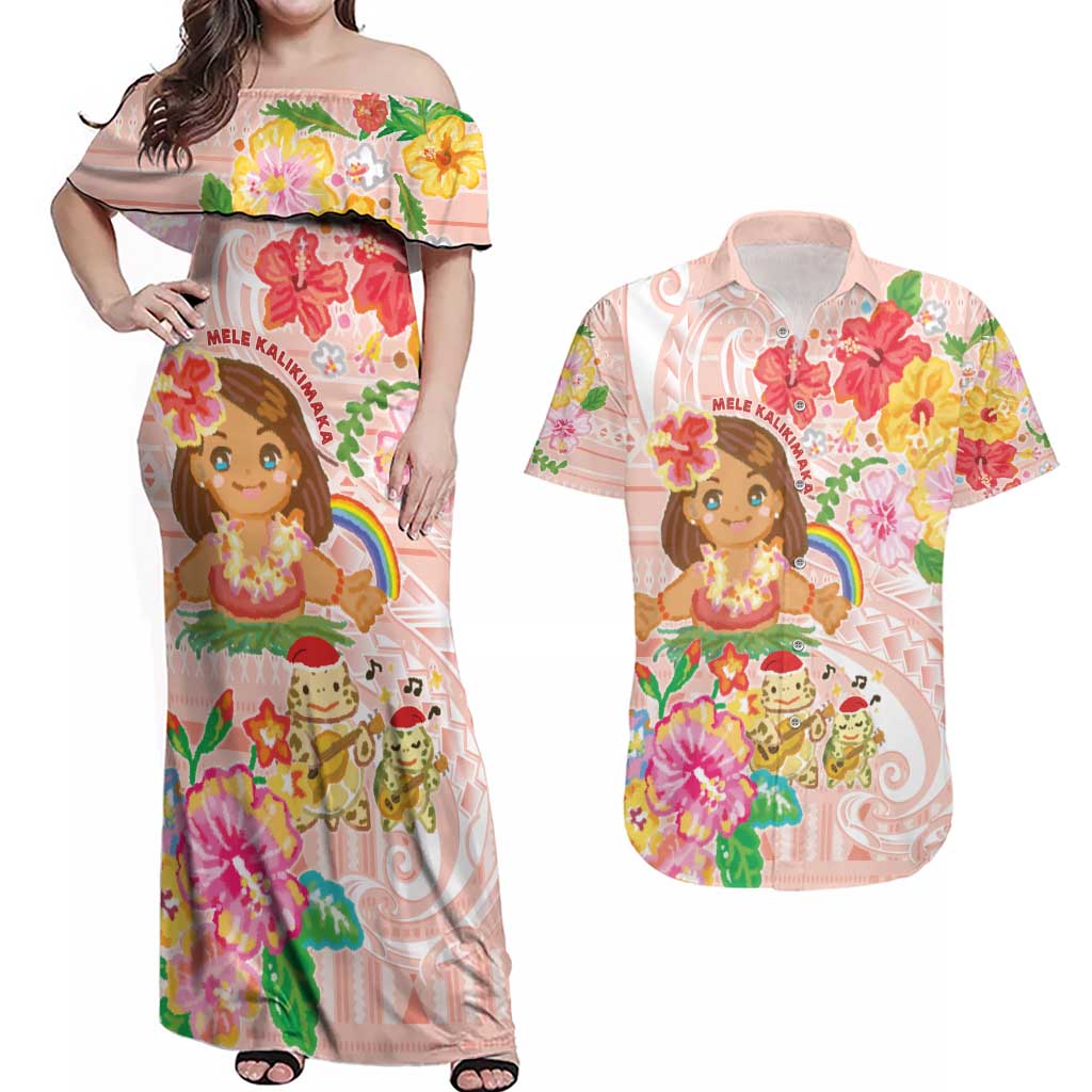 Aloha Hawaii Couples Matching Off Shoulder Maxi Dress and Hawaiian Shirt Kawaii Mele Kalikimaka - Pastel Fever