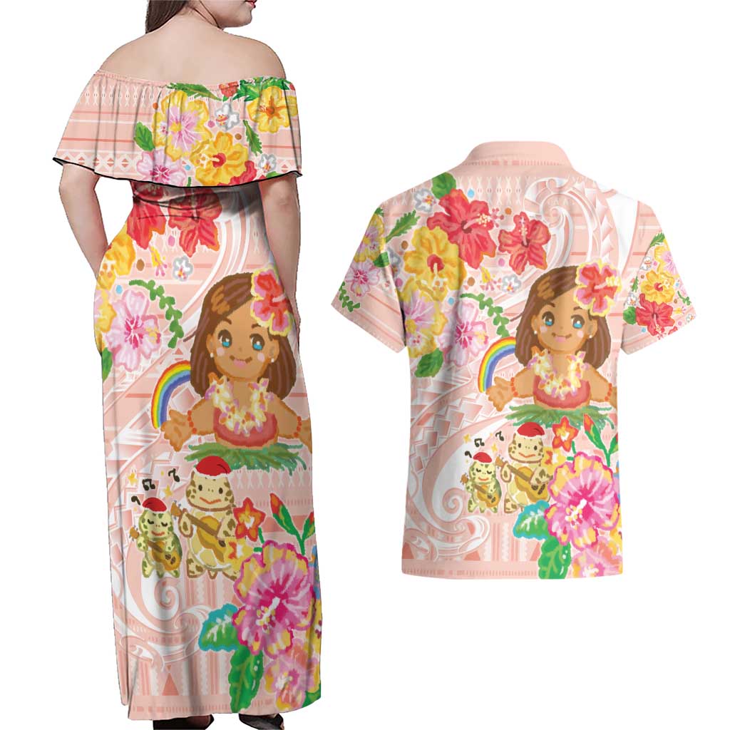 Aloha Hawaii Couples Matching Off Shoulder Maxi Dress and Hawaiian Shirt Kawaii Mele Kalikimaka - Pastel Fever