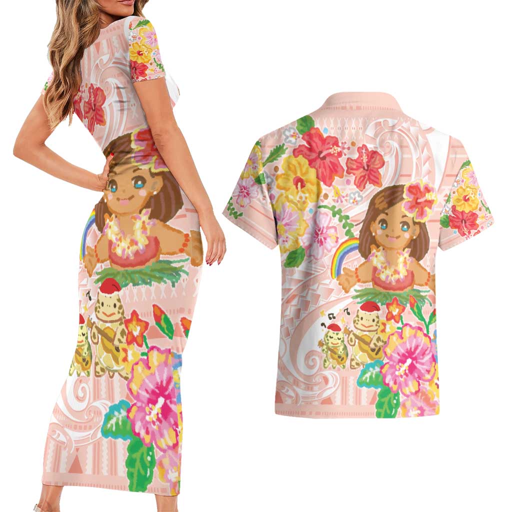 Aloha Hawaii Couples Matching Short Sleeve Bodycon Dress and Hawaiian Shirt Kawaii Mele Kalikimaka - Pastel Fever