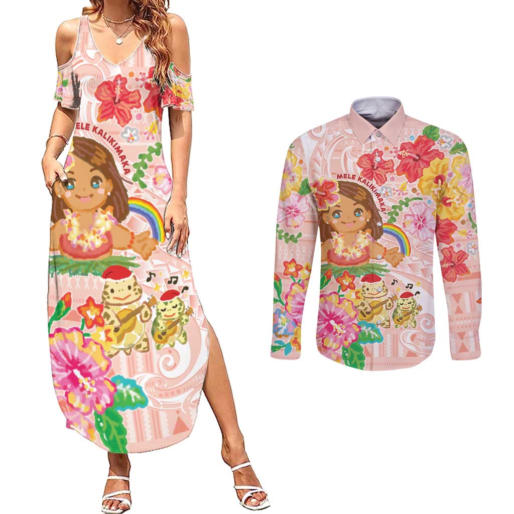 Aloha Hawaii Couples Matching Summer Maxi Dress and Long Sleeve Button Shirt Kawaii Mele Kalikimaka - Pastel Fever