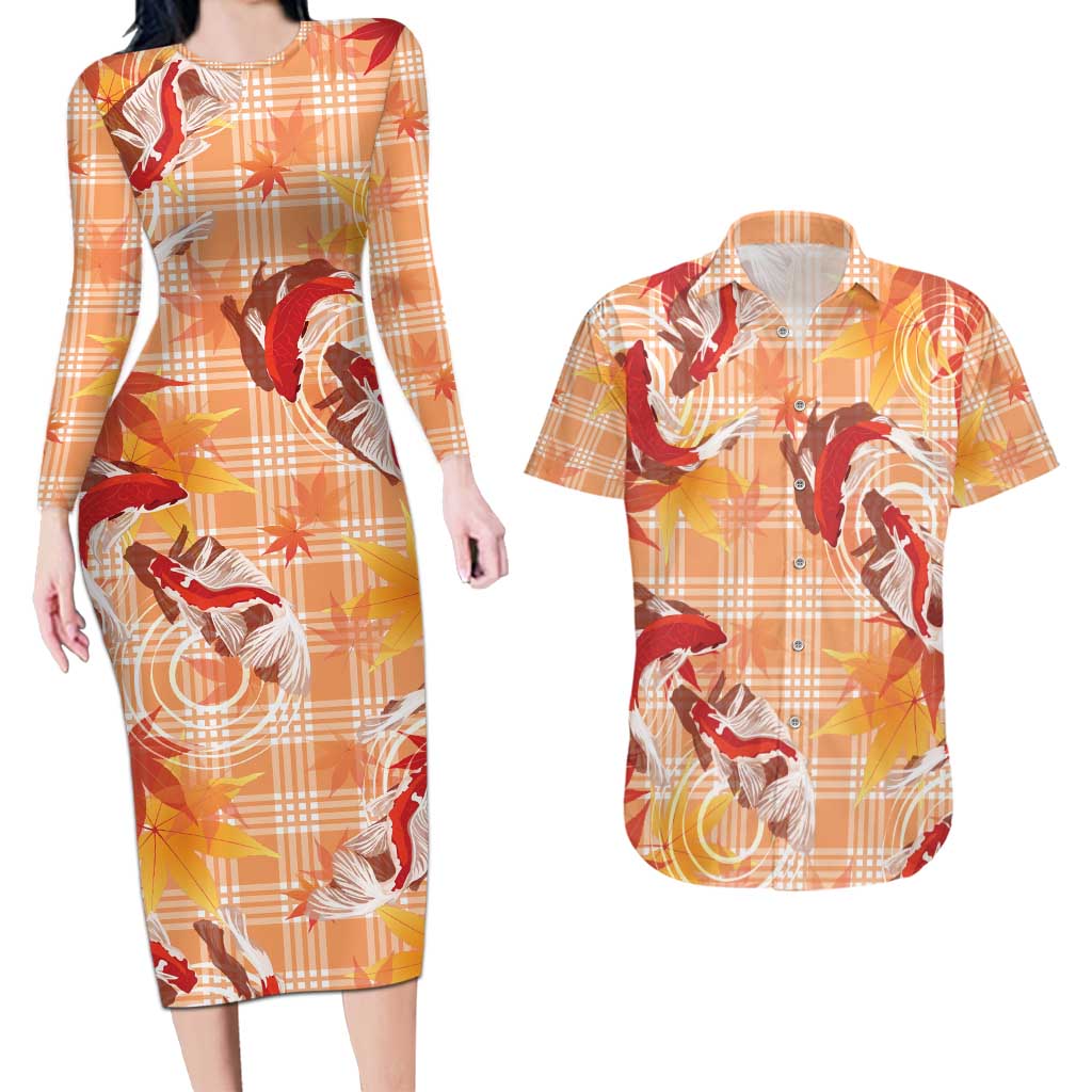 Orange Palaka Hawaii Aloha Couples Matching Long Sleeve Bodycon Dress and Hawaiian Shirt Koi Pond Mix Japanese Maple - Polynesian Pride