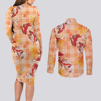 Orange Palaka Hawaii Aloha Couples Matching Long Sleeve Bodycon Dress and Long Sleeve Button Shirt Koi Pond Mix Japanese Maple - Polynesian Pride