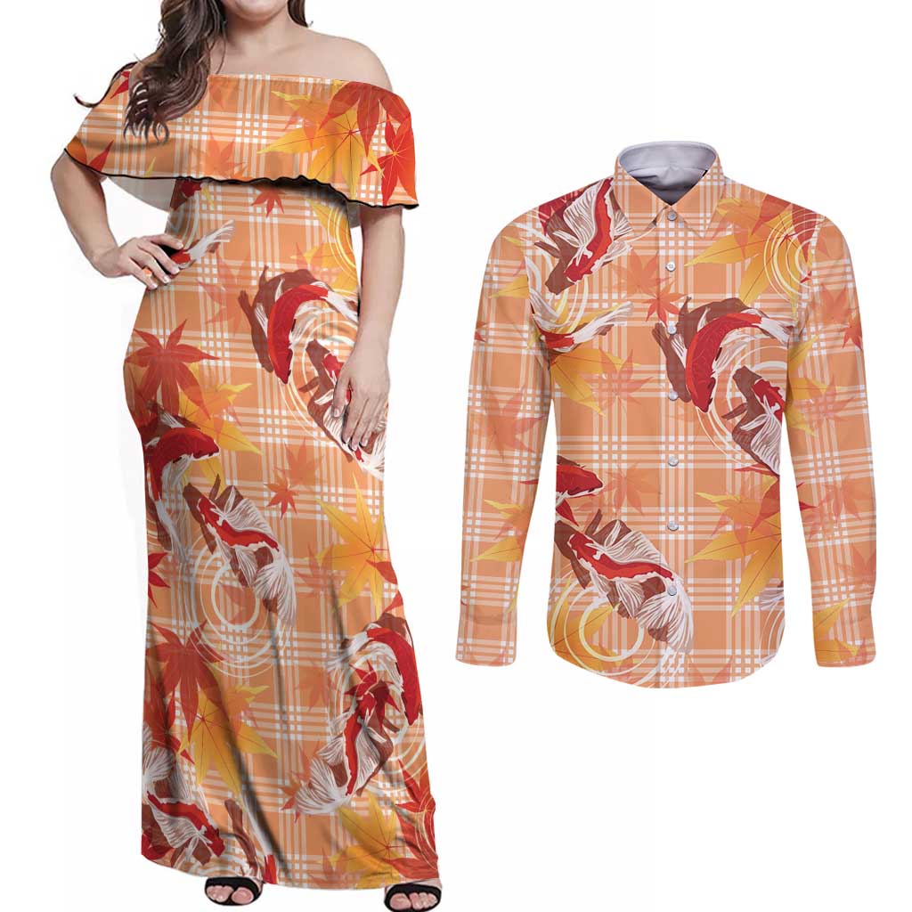 Orange Palaka Hawaii Aloha Couples Matching Off Shoulder Maxi Dress and Long Sleeve Button Shirt Koi Pond Mix Japanese Maple - Polynesian Pride