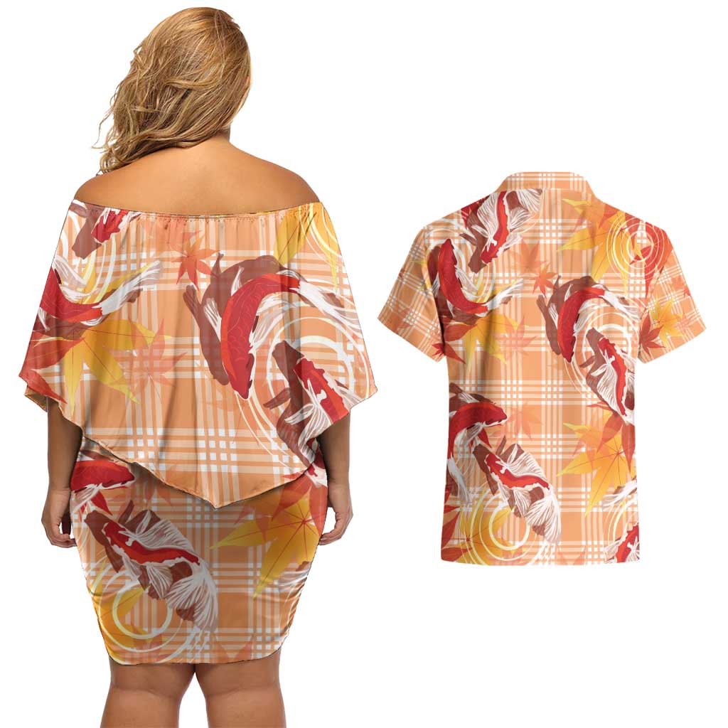Orange Palaka Hawaii Aloha Couples Matching Off Shoulder Short Dress and Hawaiian Shirt Koi Pond Mix Japanese Maple - Polynesian Pride