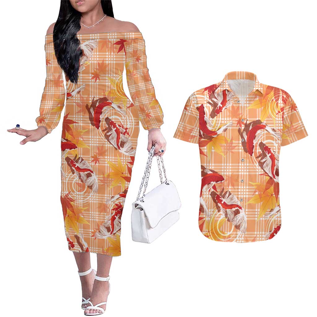 Orange Palaka Hawaii Aloha Couples Matching Off The Shoulder Long Sleeve Dress and Hawaiian Shirt Koi Pond Mix Japanese Maple LT7 Orange - Polynesian Pride