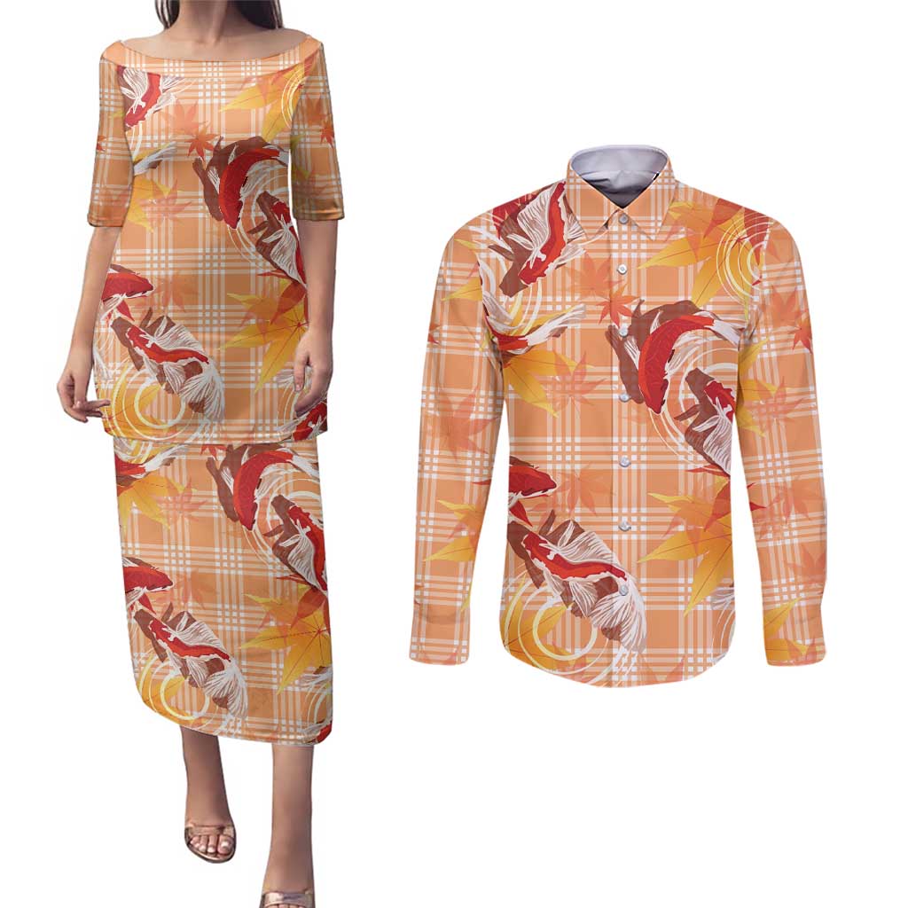 Orange Palaka Hawaii Aloha Couples Matching Puletasi and Long Sleeve Button Shirt Koi Pond Mix Japanese Maple - Polynesian Pride