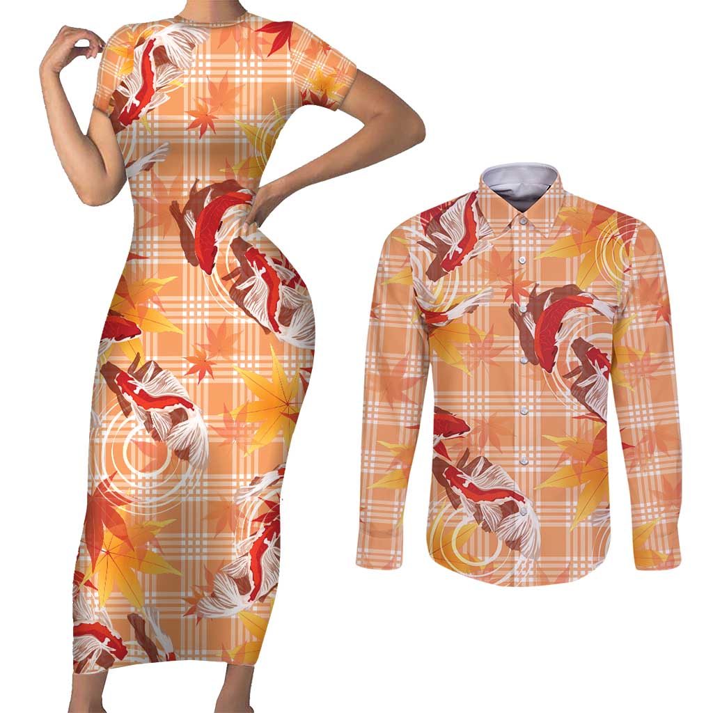 Orange Palaka Hawaii Aloha Couples Matching Short Sleeve Bodycon Dress and Long Sleeve Button Shirt Koi Pond Mix Japanese Maple - Polynesian Pride