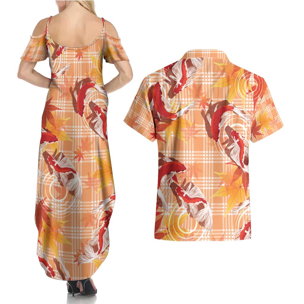 Orange Palaka Hawaii Aloha Couples Matching Summer Maxi Dress and Hawaiian Shirt Koi Pond Mix Japanese Maple - Polynesian Pride