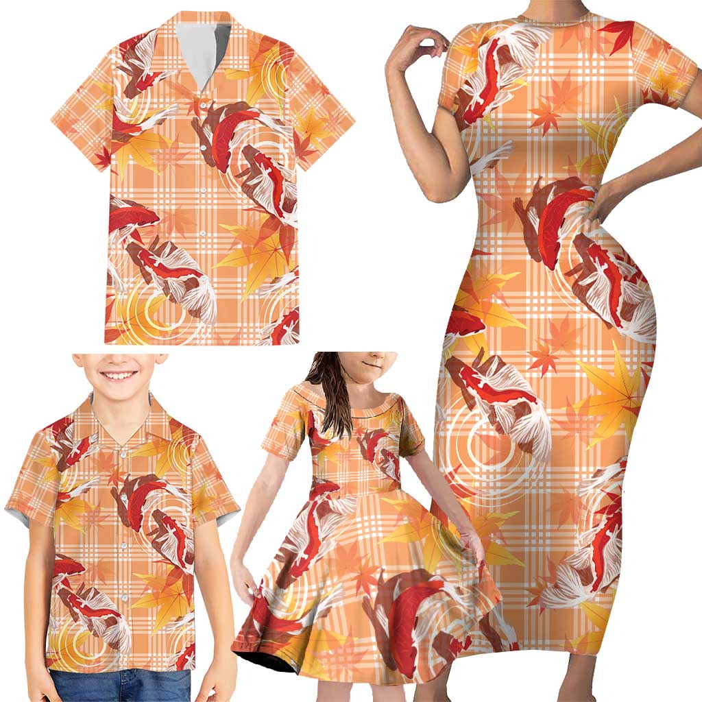 Orange Palaka Hawaii Aloha Family Matching Short Sleeve Bodycon Dress and Hawaiian Shirt Koi Pond Mix Japanese Maple - Polynesian Pride