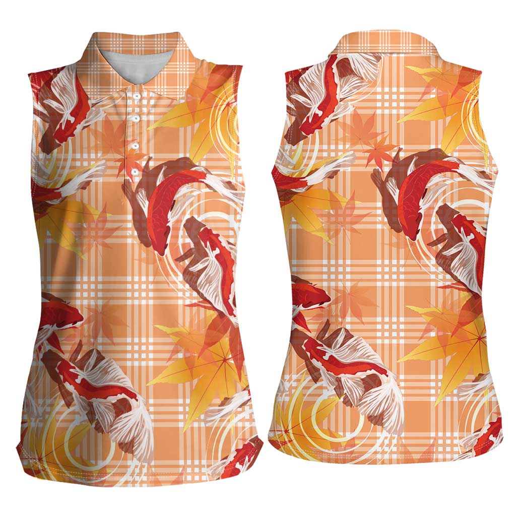 Orange Palaka Hawaii Aloha Women Sleeveless Polo Shirt Koi Pond Mix Japanese Maple - Polynesian Pride