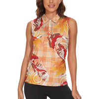 Orange Palaka Hawaii Aloha Women Sleeveless Polo Shirt Koi Pond Mix Japanese Maple - Polynesian Pride