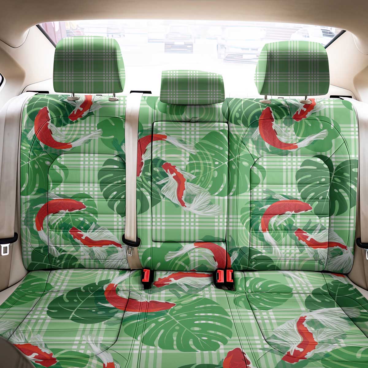 Lime Palaka Hawaii Aloha Back Car Seat Cover Koi Pond Mix Monstera - Polynesian Pride