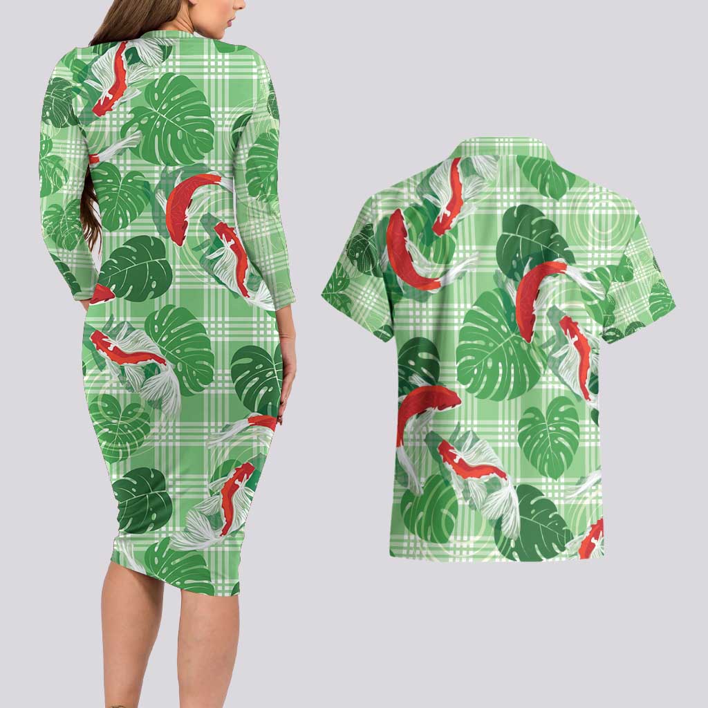Lime Palaka Hawaii Aloha Couples Matching Long Sleeve Bodycon Dress and Hawaiian Shirt Koi Pond Mix Monstera - Polynesian Pride
