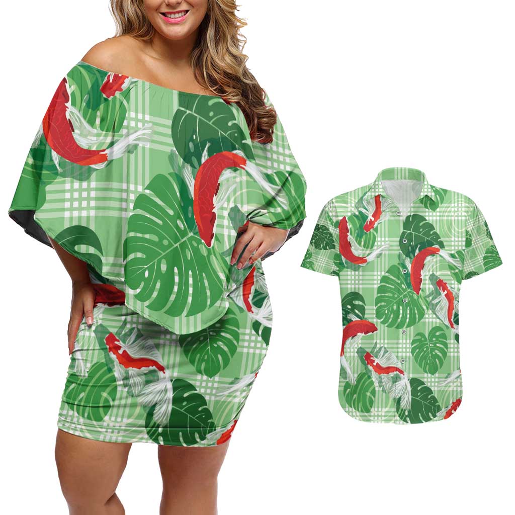 Lime Palaka Hawaii Aloha Couples Matching Off Shoulder Short Dress and Hawaiian Shirt Koi Pond Mix Monstera - Polynesian Pride