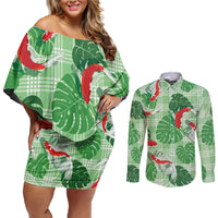 Lime Palaka Hawaii Aloha Couples Matching Off Shoulder Short Dress and Long Sleeve Button Shirt Koi Pond Mix Monstera - Polynesian Pride