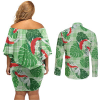 Lime Palaka Hawaii Aloha Couples Matching Off Shoulder Short Dress and Long Sleeve Button Shirt Koi Pond Mix Monstera - Polynesian Pride
