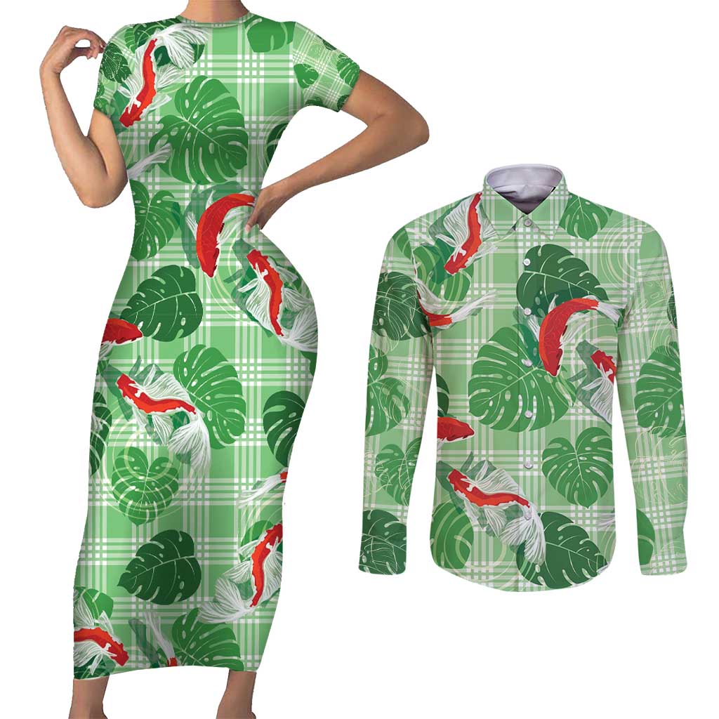 Lime Palaka Hawaii Aloha Couples Matching Short Sleeve Bodycon Dress and Long Sleeve Button Shirt Koi Pond Mix Monstera - Polynesian Pride