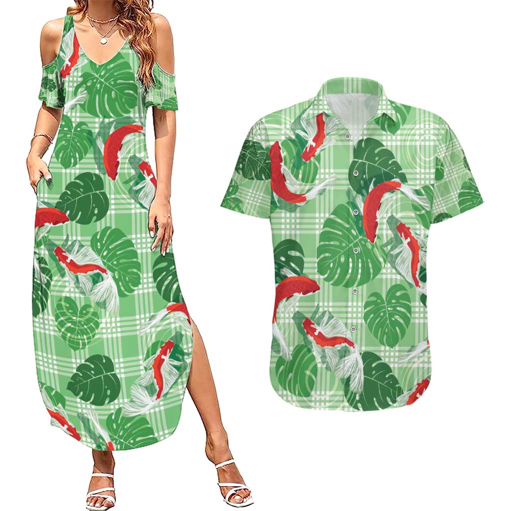 Lime Palaka Hawaii Aloha Couples Matching Summer Maxi Dress and Hawaiian Shirt Koi Pond Mix Monstera - Polynesian Pride