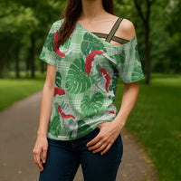 Lime Palaka Hawaii Aloha Cross Shoulder Shirt Koi Pond Mix Monstera - Polynesian Pride