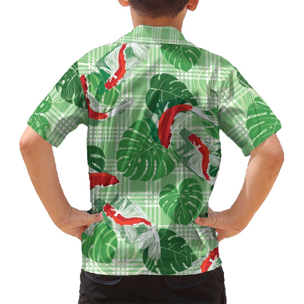 Lime Palaka Hawaii Aloha Family Matching Off The Shoulder Long Sleeve Dress and Hawaiian Shirt Koi Pond Mix Monstera LT7 - Polynesian Pride