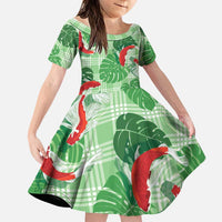 Lime Palaka Hawaii Aloha Family Matching Off The Shoulder Long Sleeve Dress and Hawaiian Shirt Koi Pond Mix Monstera LT7 Daughter's Dress Lime Green - Polynesian Pride