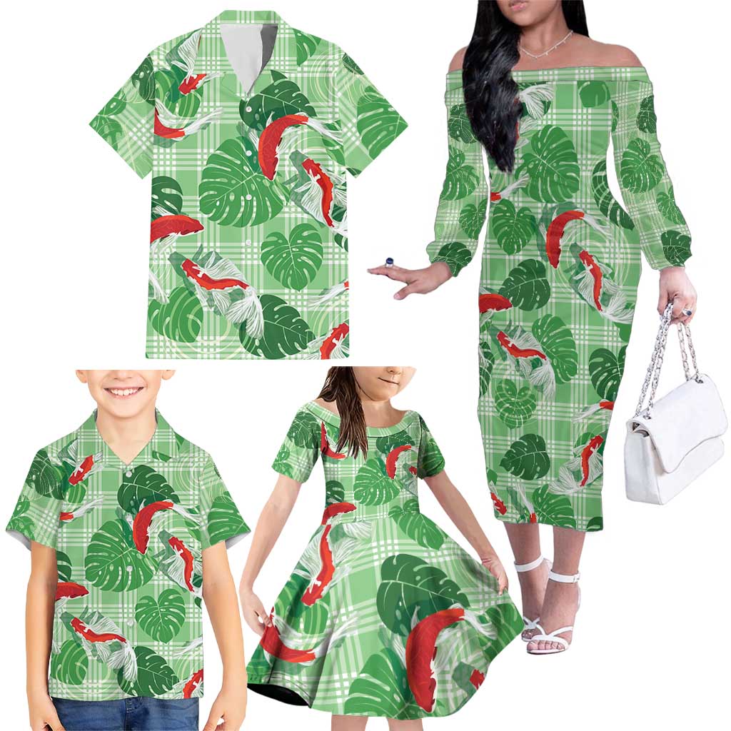 Lime Palaka Hawaii Aloha Family Matching Off The Shoulder Long Sleeve Dress and Hawaiian Shirt Koi Pond Mix Monstera LT7 - Polynesian Pride